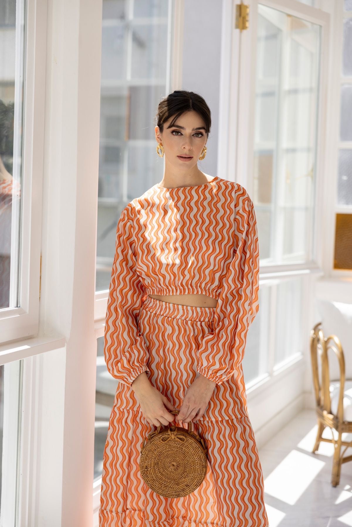 2 DELIGE CO-ORD SET MET LANGE ROK EN TOP - ORANJE
